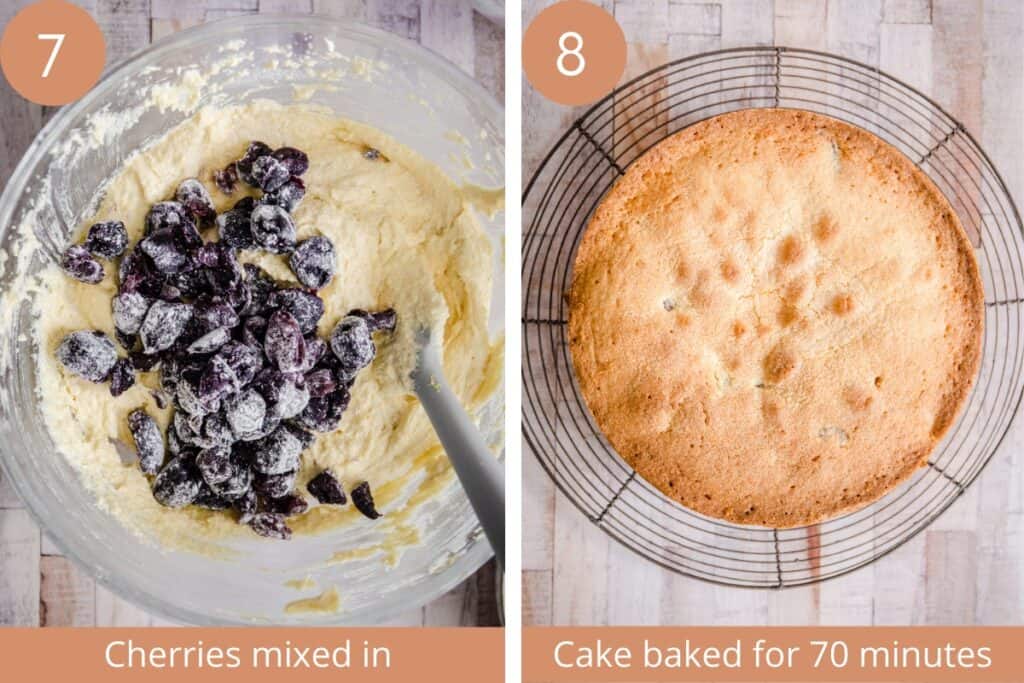 two images of cherries mixed into cake batter and another of baked cherry cake
