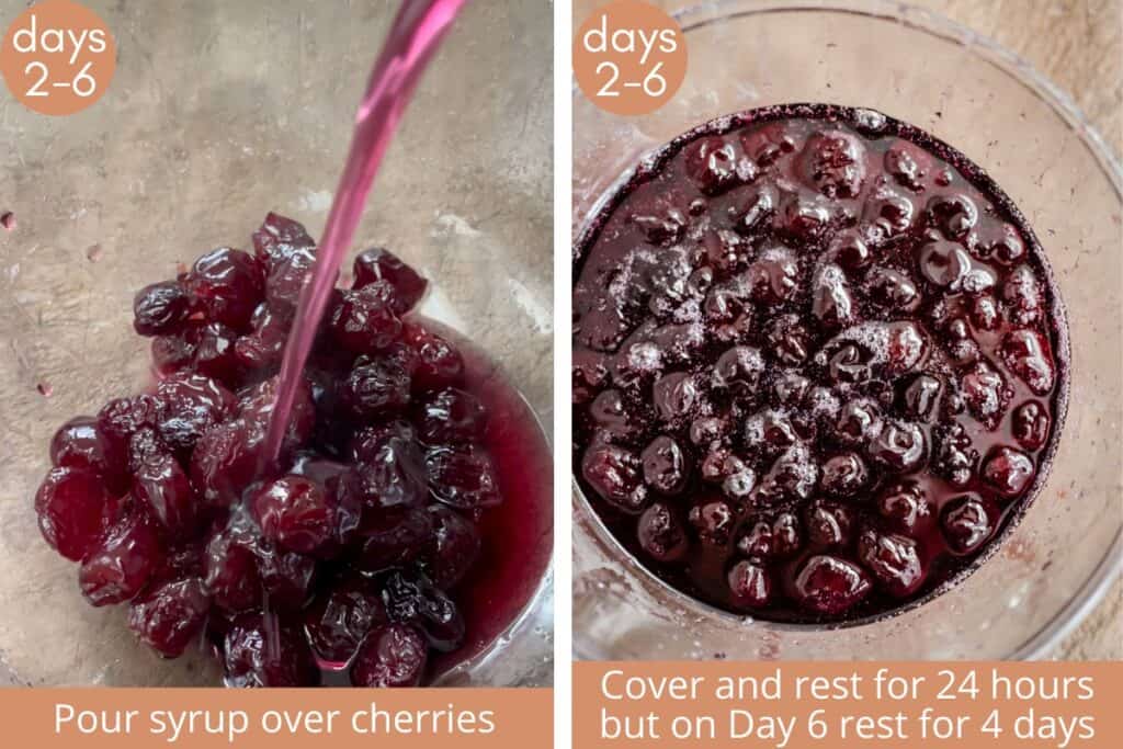 Two images showing syrup being poured over cherries and cherries soaking in the bowl