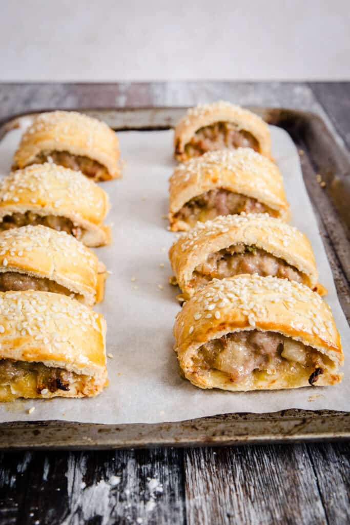 sausage rolls on baking tray