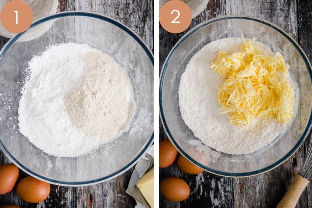 Two images of a mixing bowl with pastry ingredients