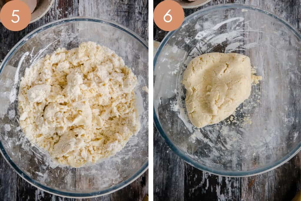 Two images of a mixing bowl with pastry ingredients and rolled into a dough