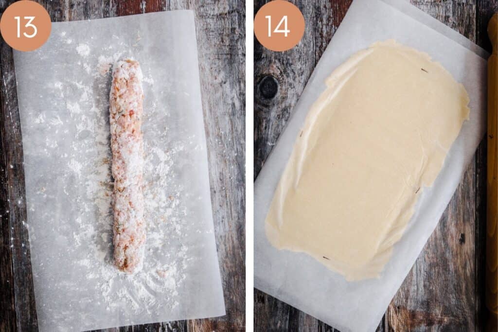 Two images - 1 of sausage roll filling and the other of rolled out pastry