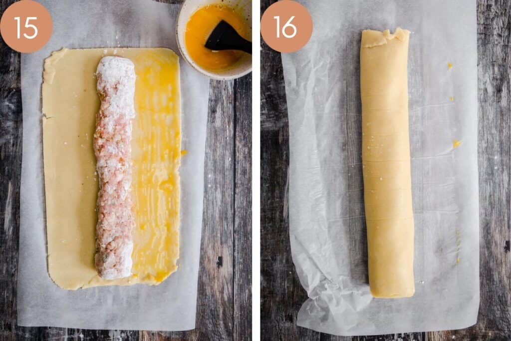 Two images showing how the sausage roll is rolled up