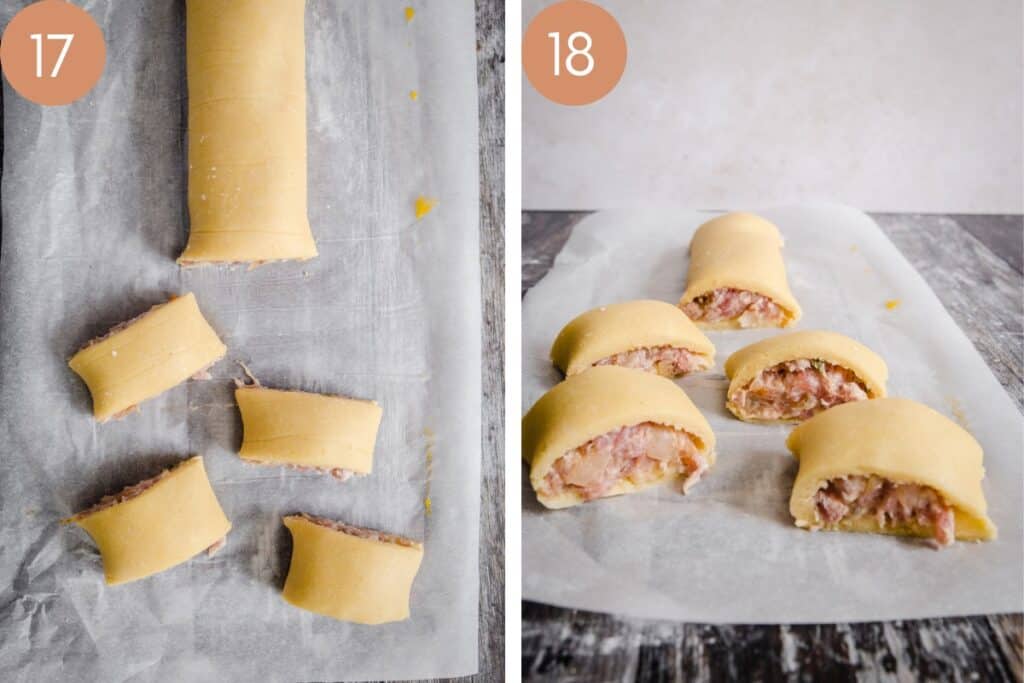 Two images showing sausage roll cut up