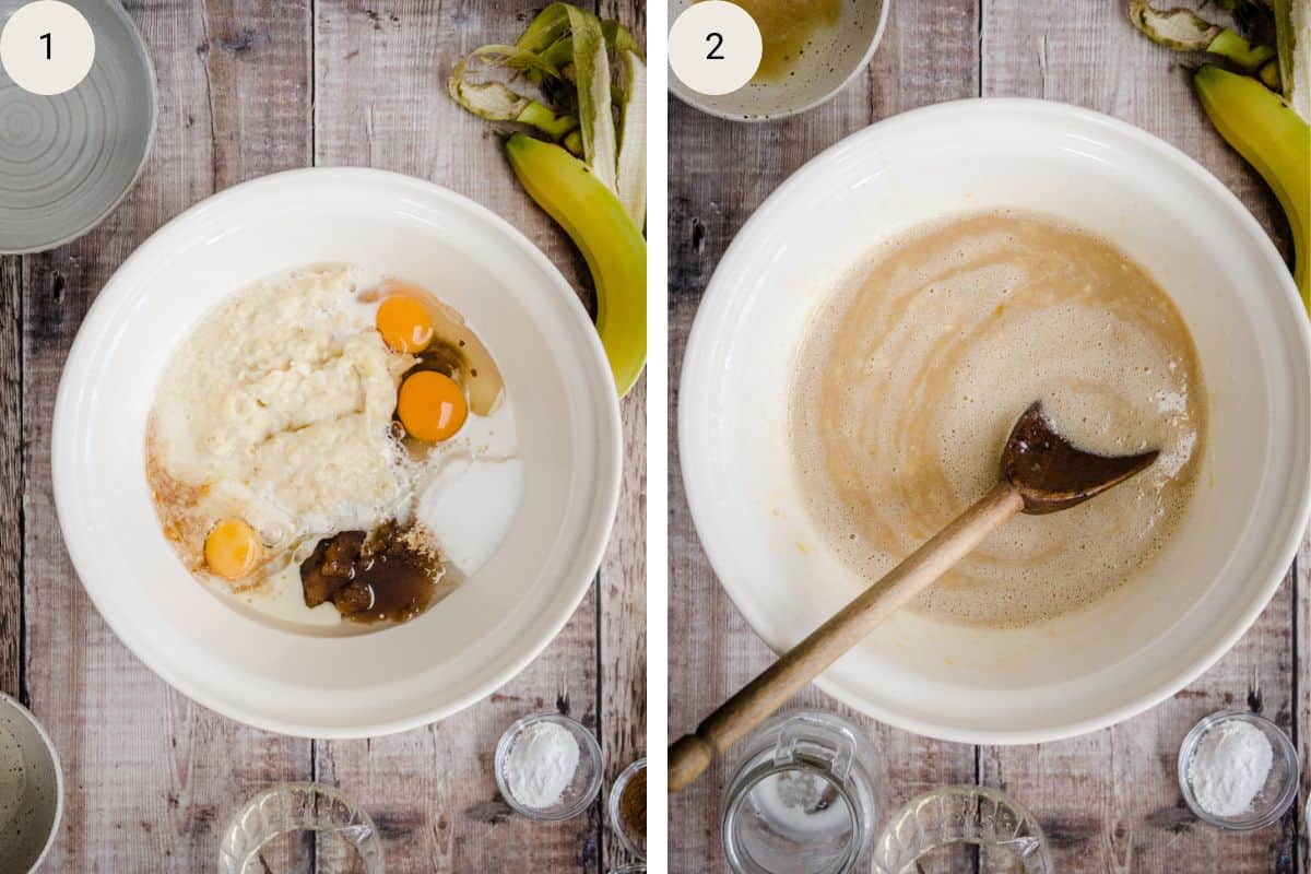 Wet ingredients for banana cake mixed in a bowl until smooth.