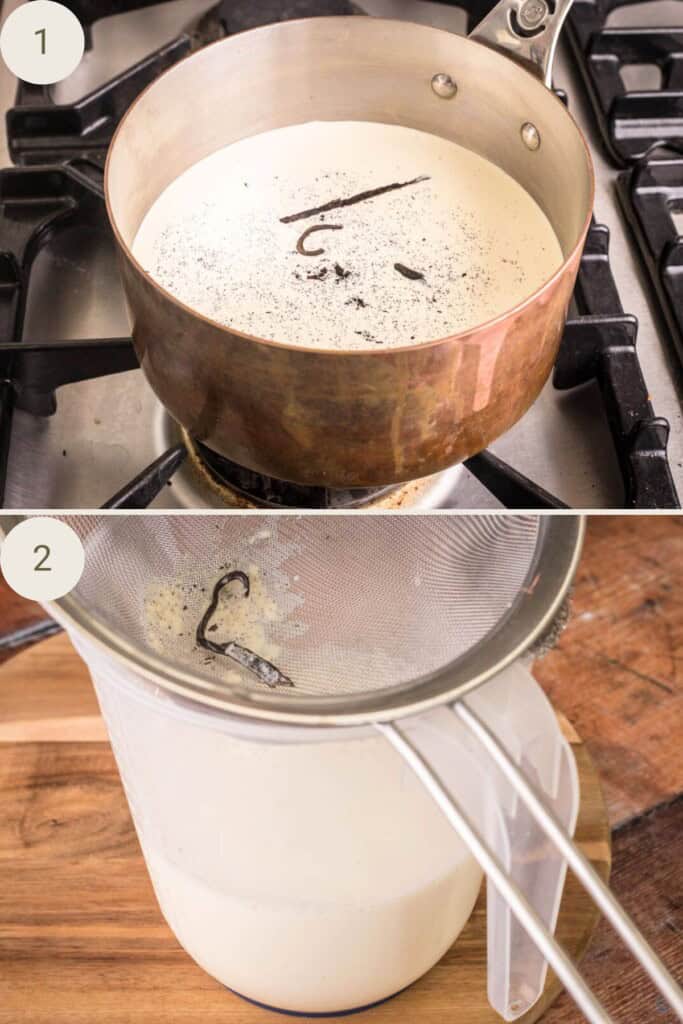 2 images of cream and vanilla in saucepan and custard ingredients in jug
