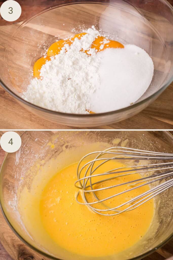 2 images showing custard in jug with whisk and custard in jug next to saucepan with whisk
