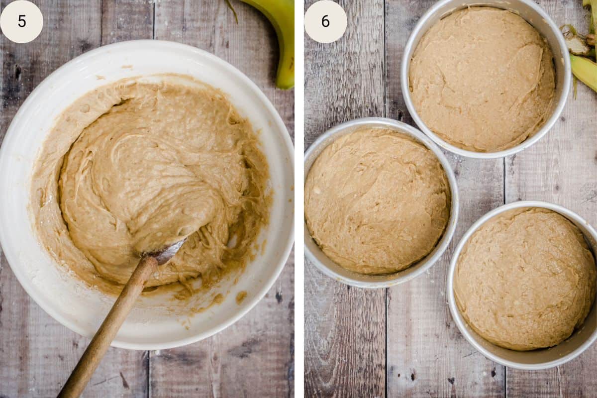 Cake batter poured into 3 cake tins ready for baking.