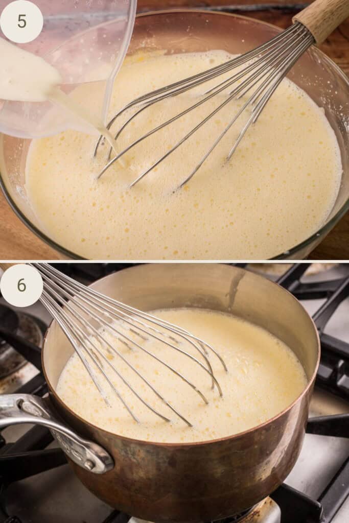 2 images showing sieve with custard remnants and vanilla pod over saucepan and saucepan filled with custard and whisk