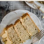 Pin image of slice of gluten-free banana cake on a plate.