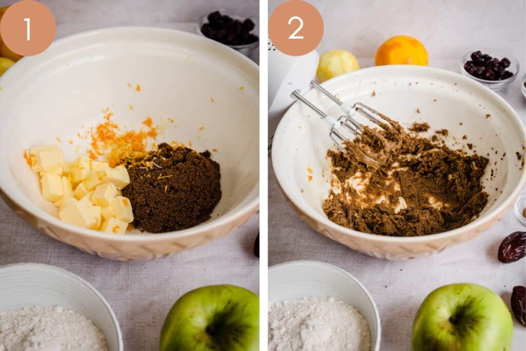 2 process images of making Apple Fruit Cake showing ingredients in mixing bowl
