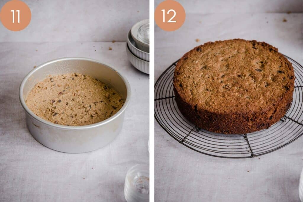 2 process images of making Apple Fruit Cake showing cake in tin and on cooling rack