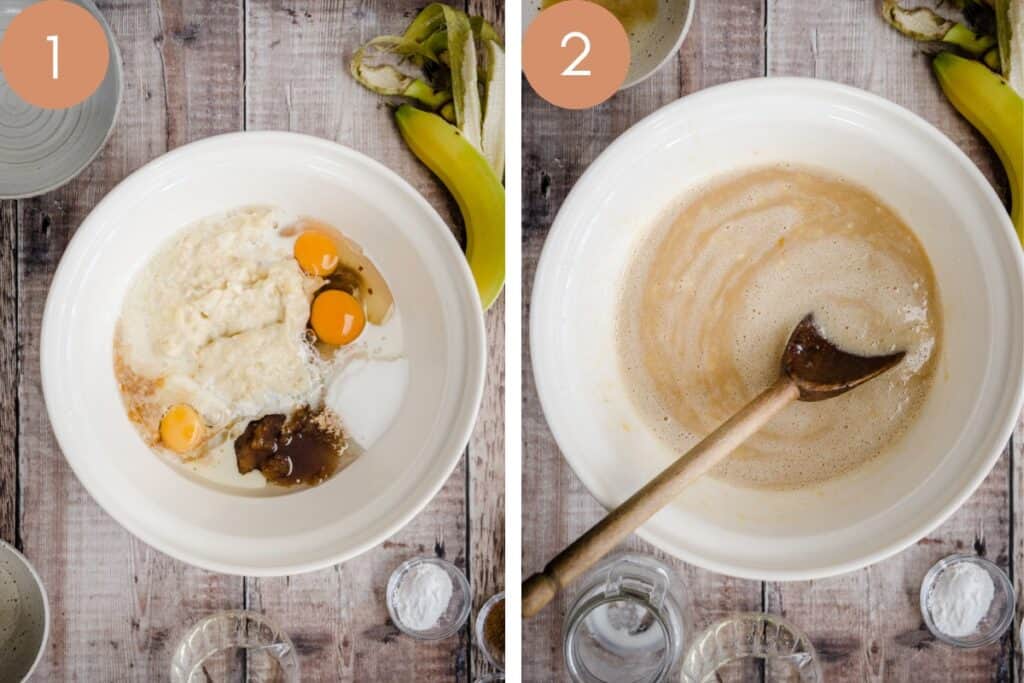 2 images showing cake batter mixed in bowl