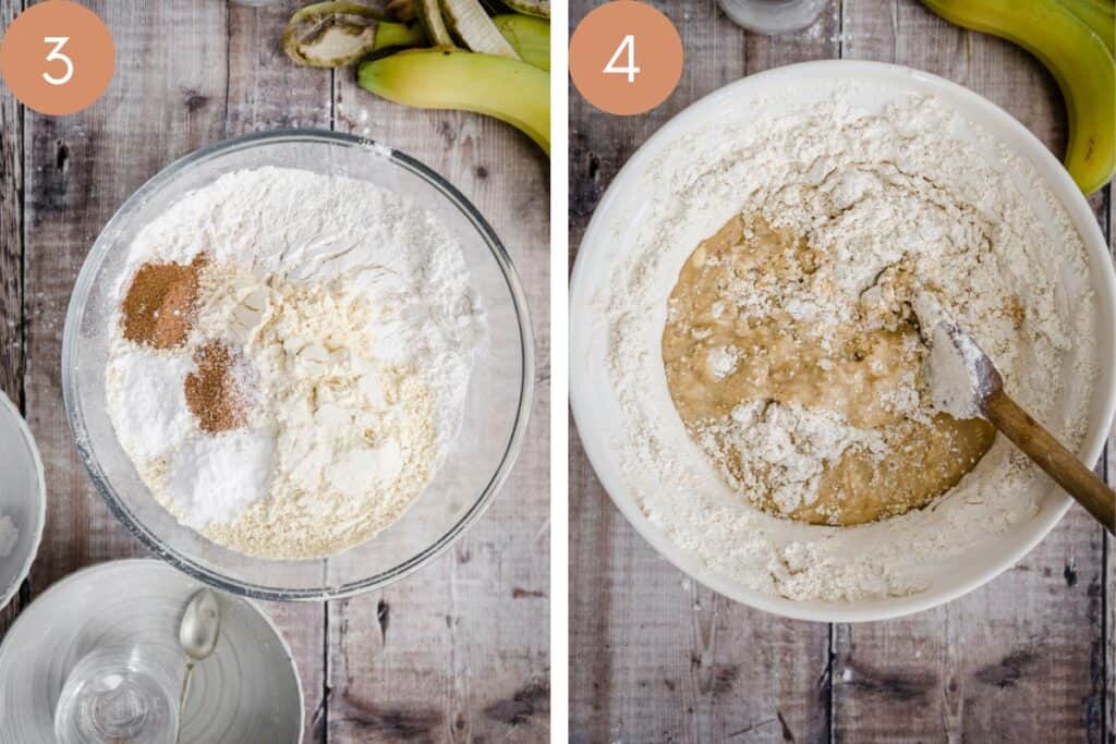 2 images showing flour mixing into cake batter