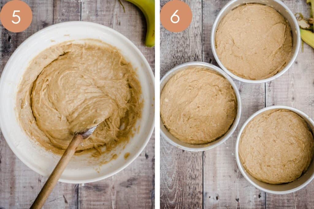 2 images of cake batter in bowl and cake batter in tins