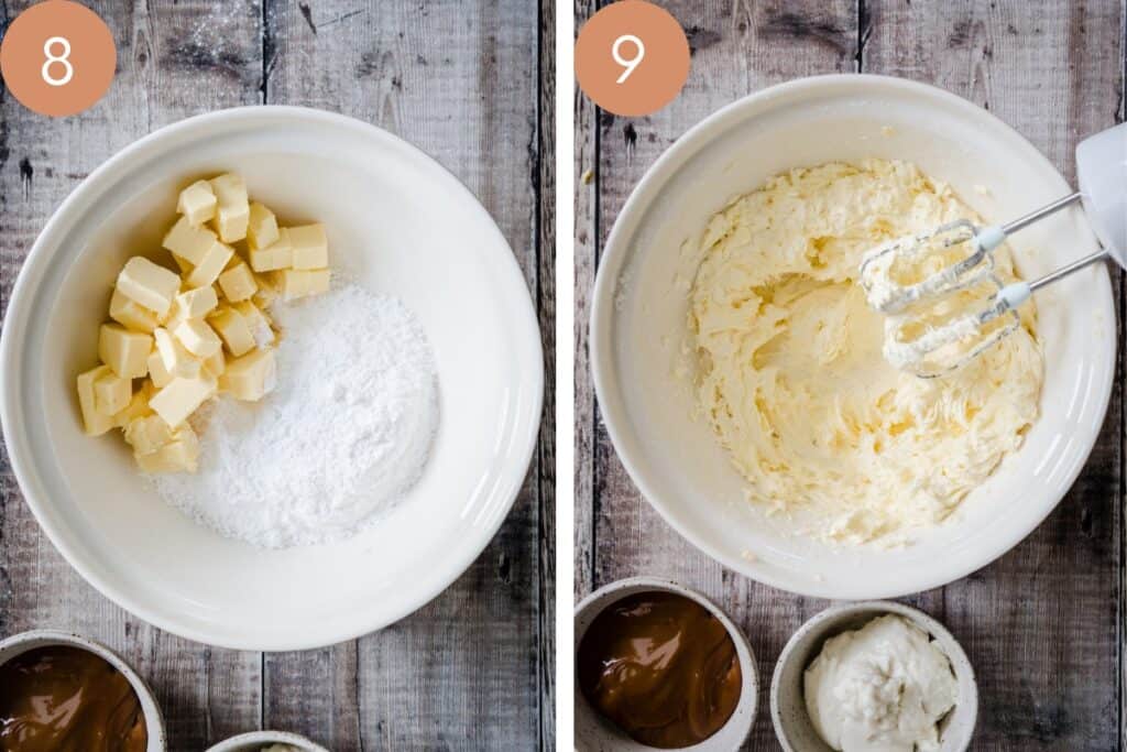2 images showing buttercream being mixed in a bowl