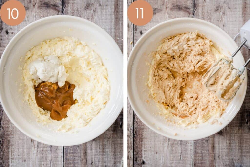 2 images showing buttercream being mixed in a bowl