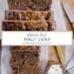 Pin image of malt loaf showing cut loaf and a slice spread with butter.