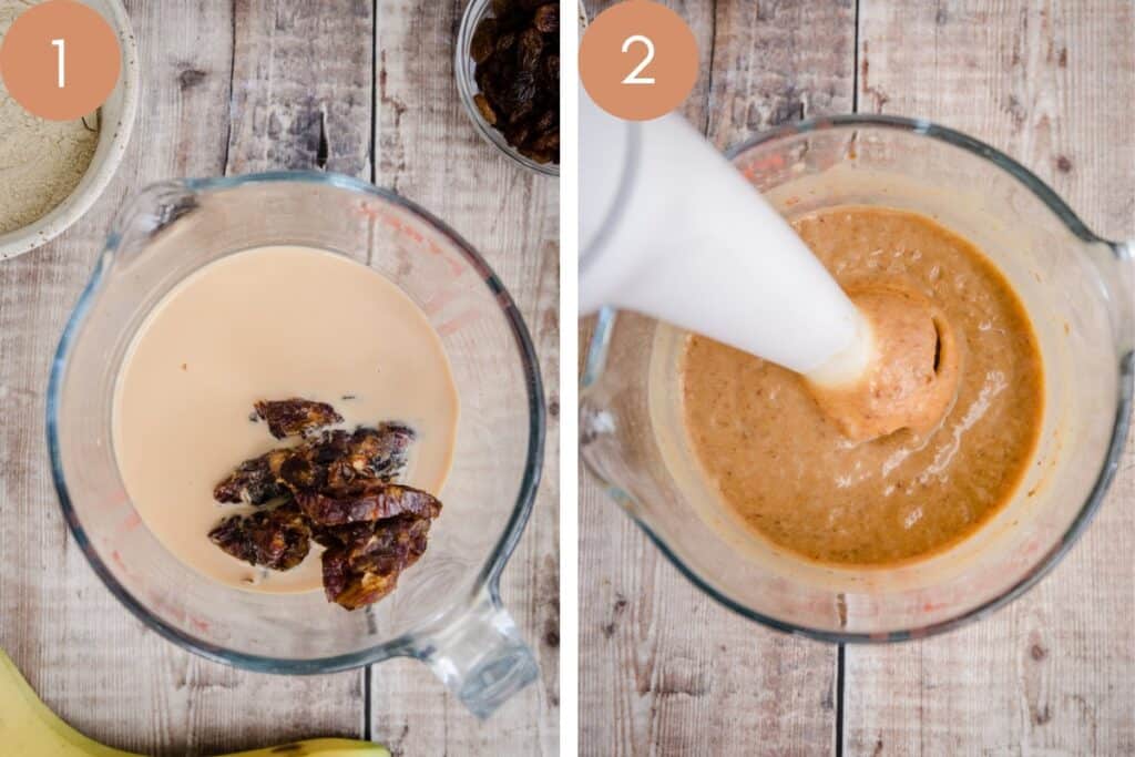 2 Malt Loaf Process images showing date mixture in a bowl and being blended