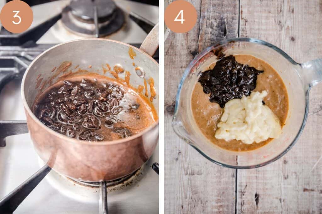 2 Malt Loaf Process images showing sultanas in a pan and then in a bowl added to date mixture