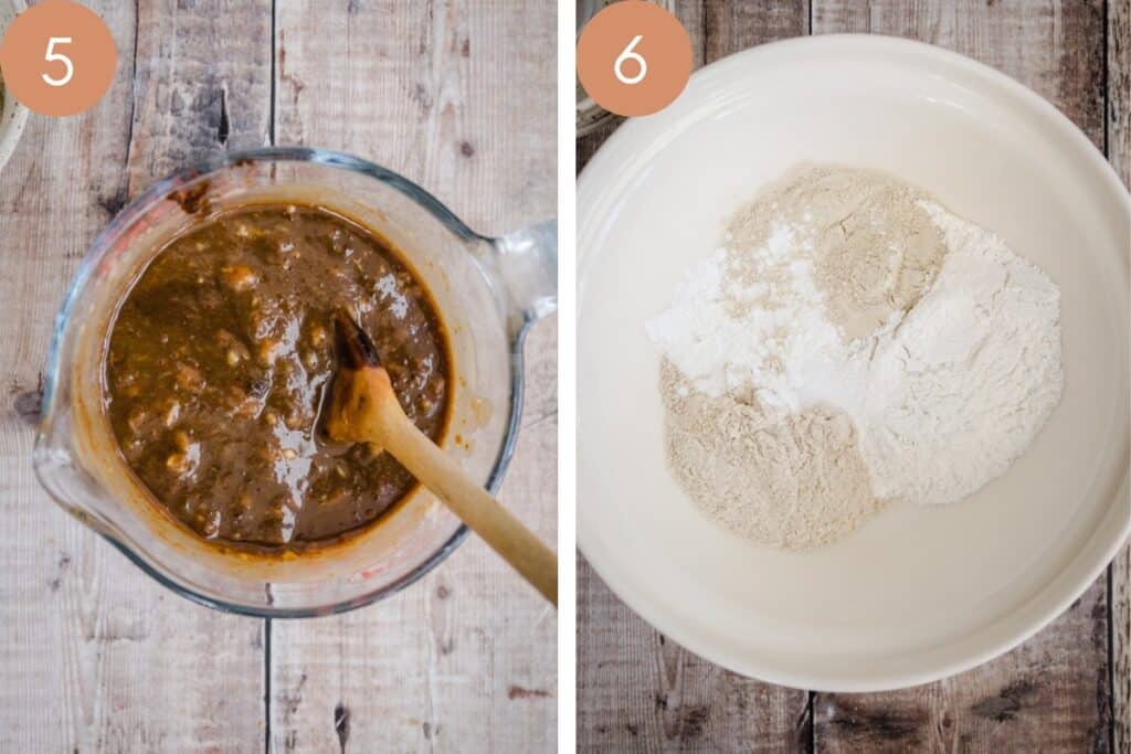2 Malt Loaf Process images showing a jug of cake batter and a bowl of the flours