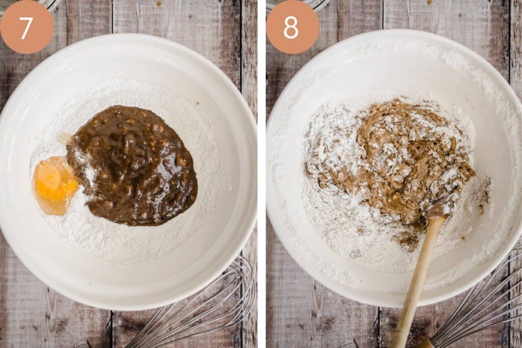 2 Malt Loaf Process images showing the wet ingredients added to the dry in a bowl and then mixed up in a bowl