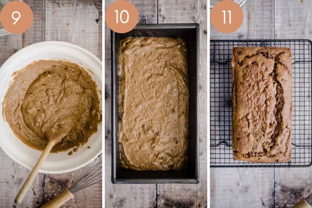 Process images of malt loaf showing the batter in a bowl then added to the cake tin then cooling on a rack