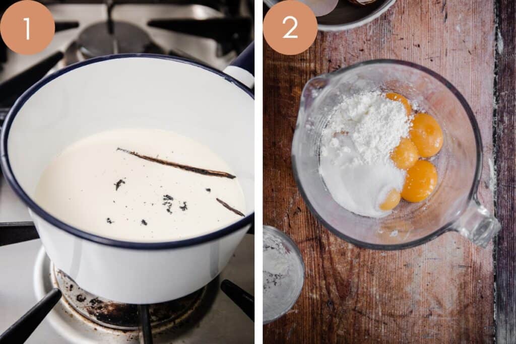 2 images of cream and vanilla in saucepan and custard ingredients in jug