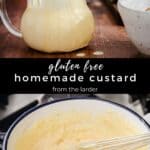 Pin image of gluten free custard of custard in jug and custard in saucepan