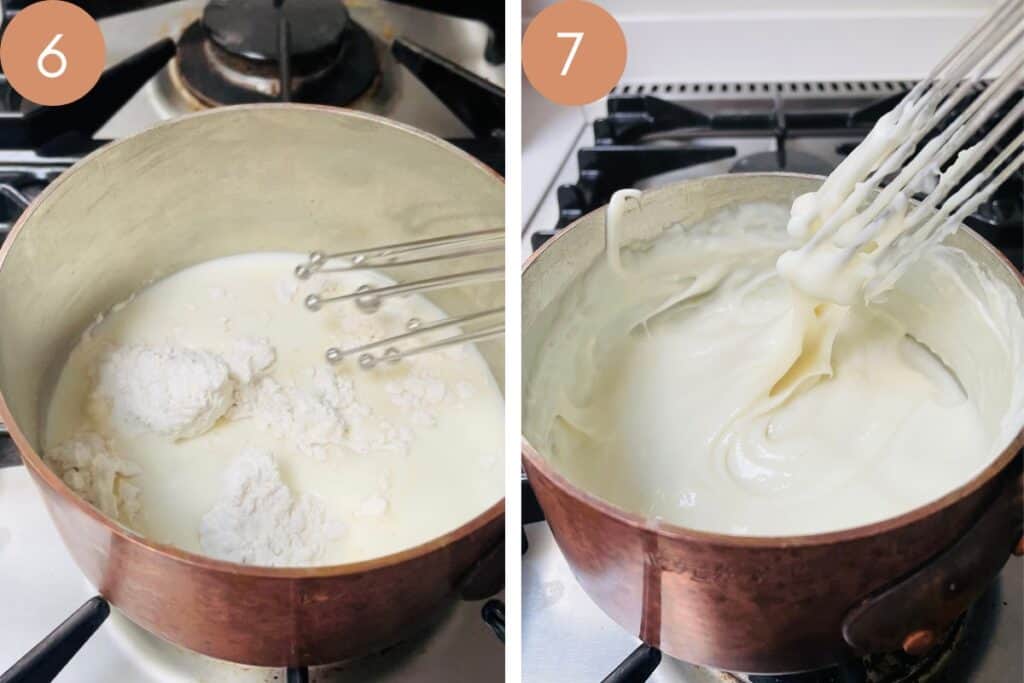 2 images showing roux being mixed in saucepan