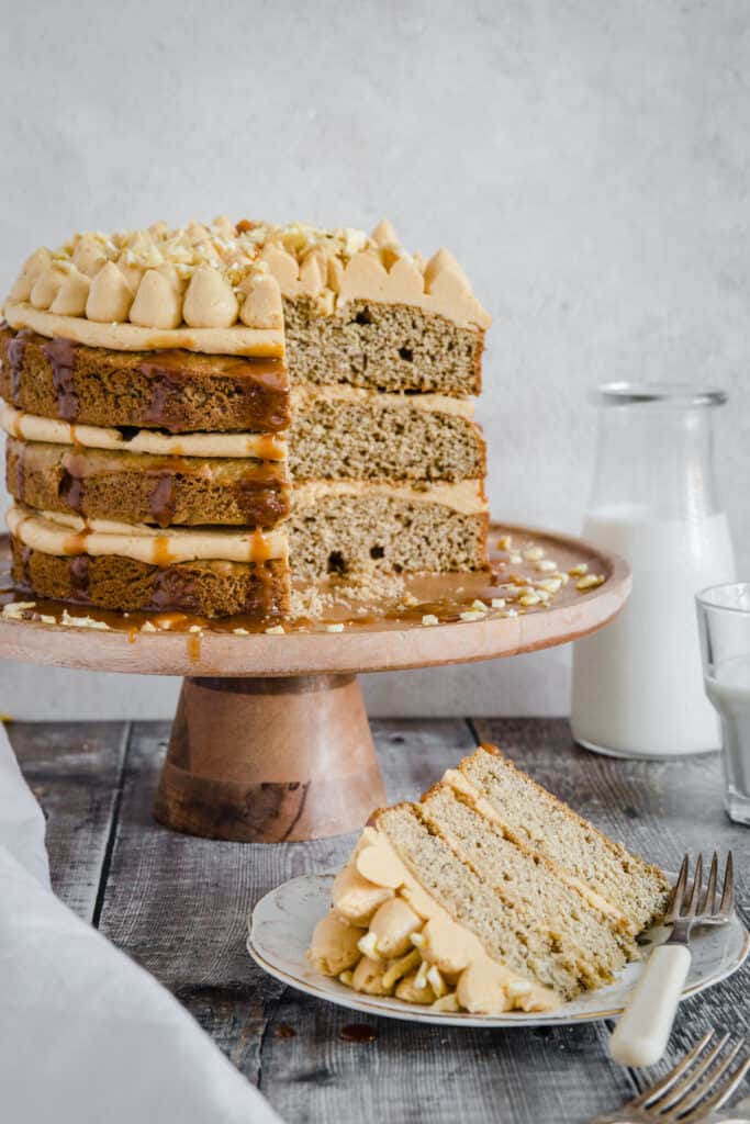 banana cake on a plate in front of cake on a stand