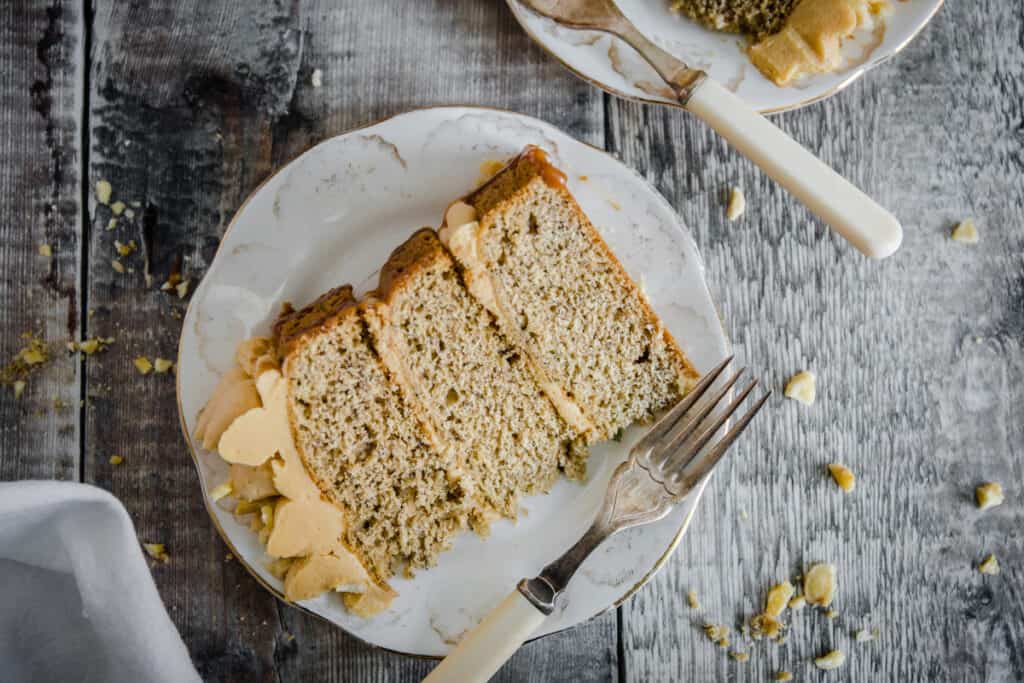 banana cake on plate with fork