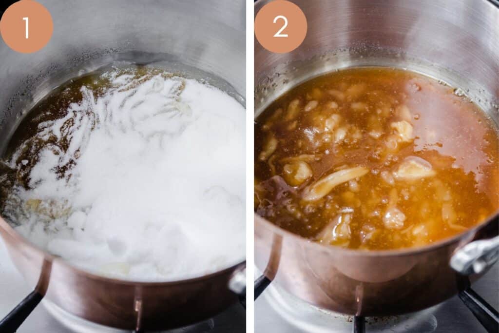2 images showing sugar melting in saucepan