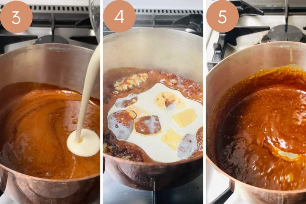 3 images showing toffee sauce in a saucepan