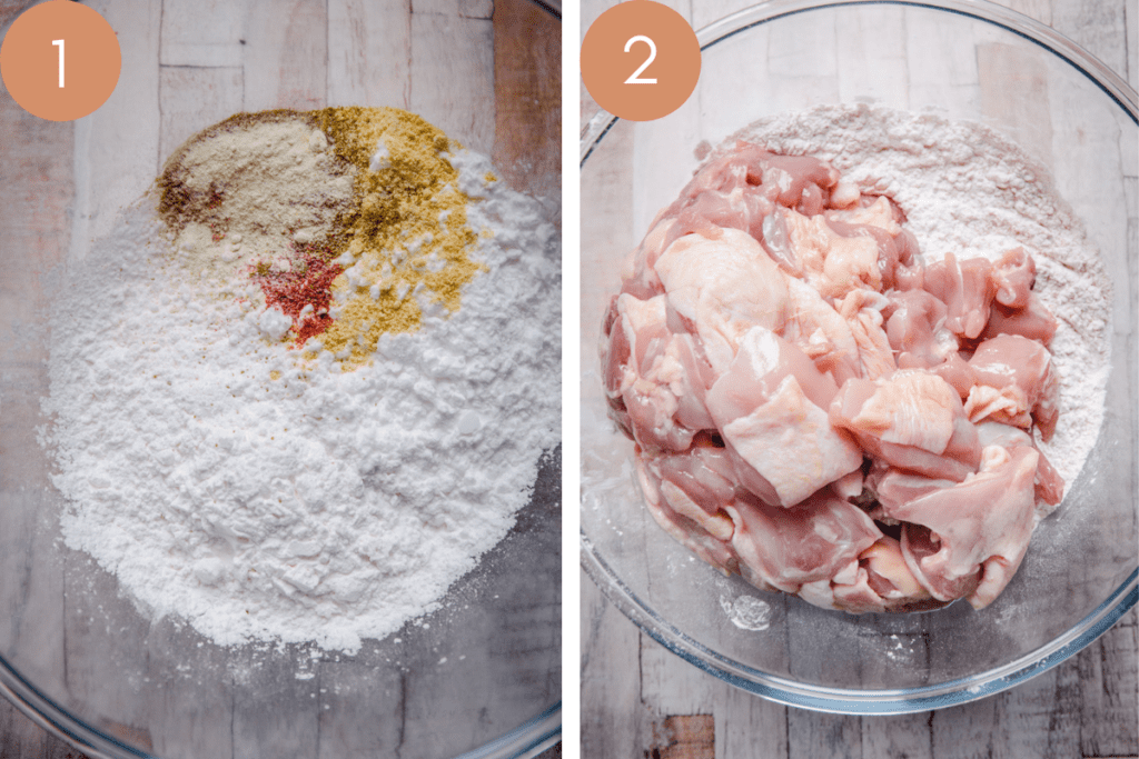 2 images showing flour mix in a bowl and then chicken placed in the flour mix bowl