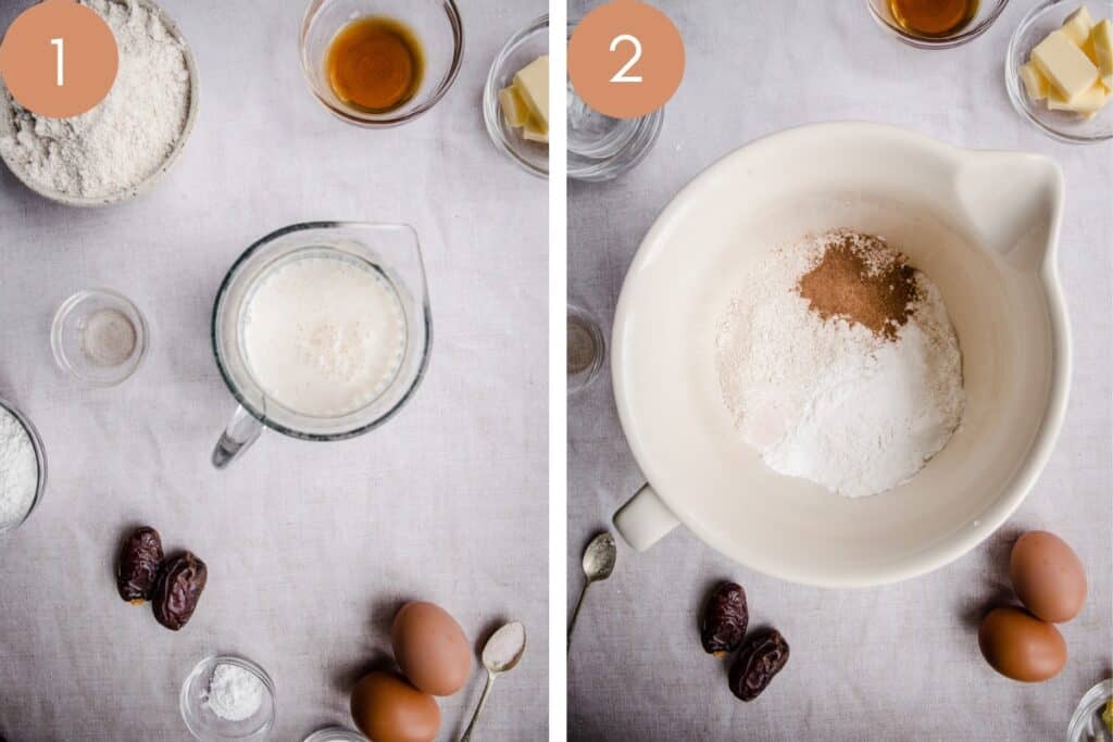 2 images showing ingredients for pancakes