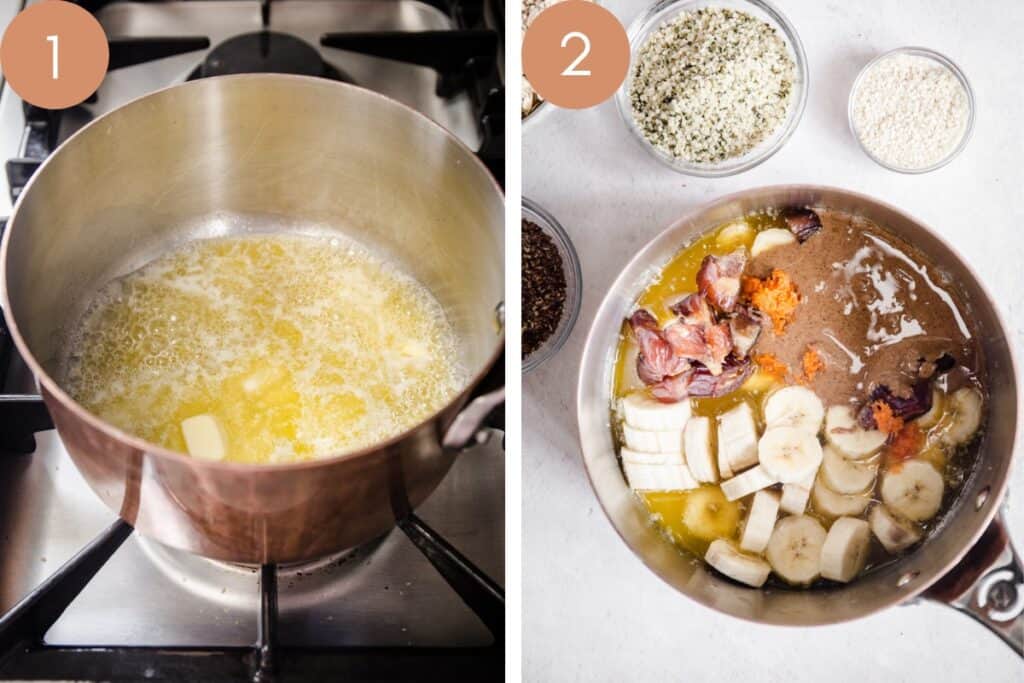 process images of granola showing melted butter in a pan and a pan filled with the other ingredients to be blended