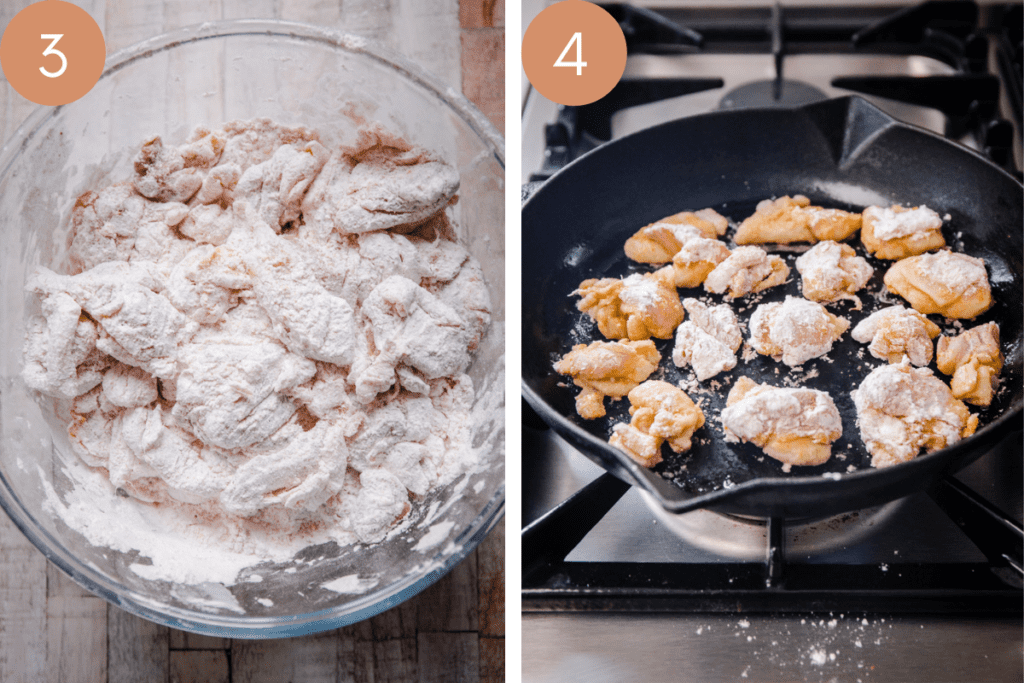 two images showing dredged chicken in a bowl and chicken frying in a pan