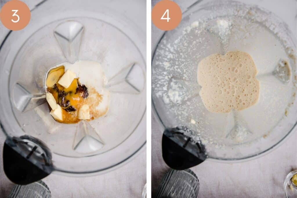 pancake ingredients in blender. before and after blending