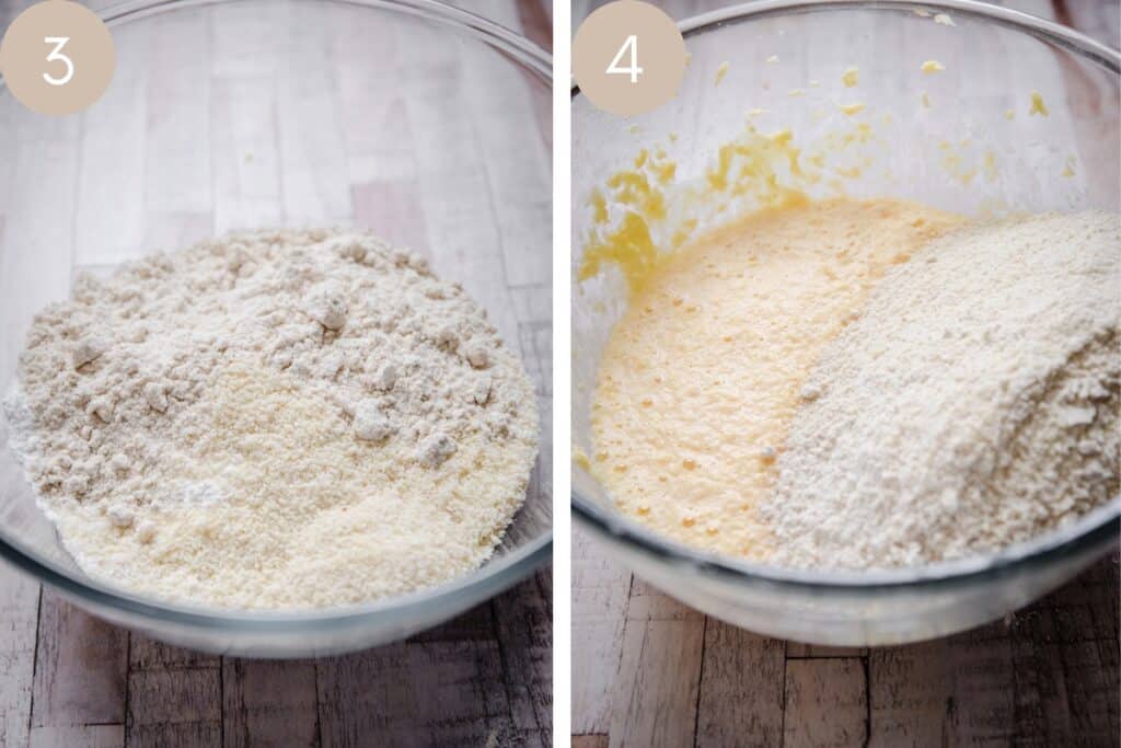 2 process images showing cake mixture in a bowl