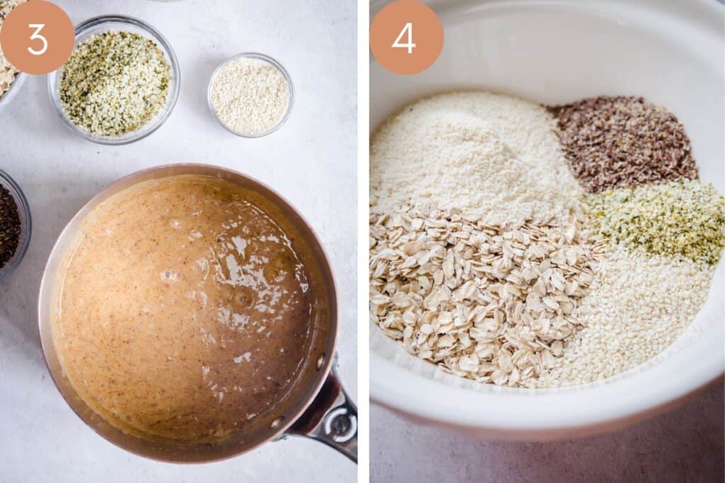 process images of granola showing pan of wet ingredients blended and dry ingredients in a bowl