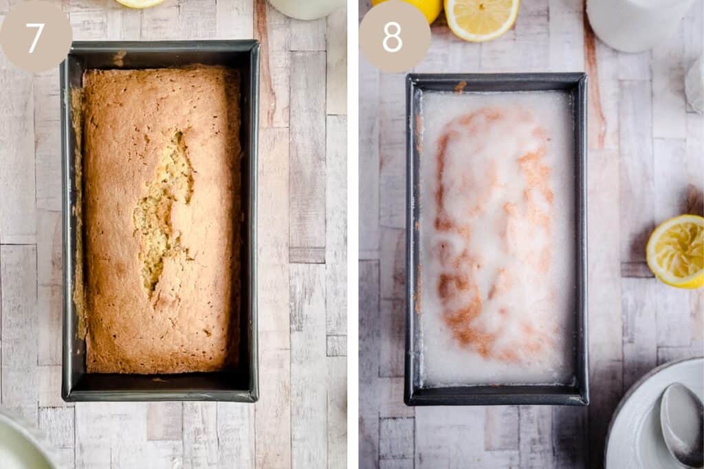 2 process images showing lemon drizzle cake in tin
