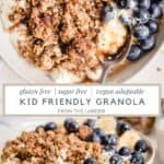 Pin image of bowls of granola with blueberries, bananas and spoon