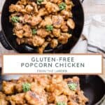 popcorn chicken pin showing 2 images of chicken in skillet with title of recipe in between