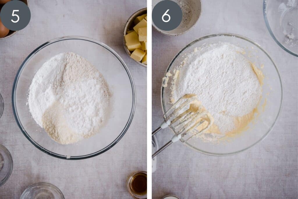 2 process images showing cake batter being mixed in a bowl