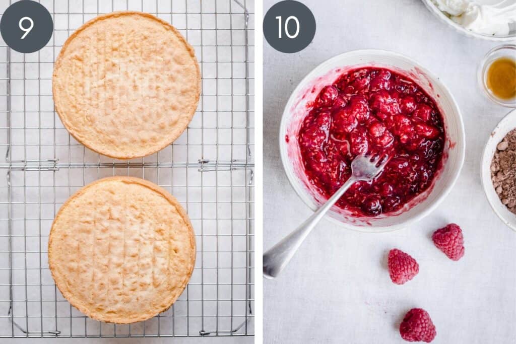 process images showing baked sponge cakes on wire racks and a bowl of raspberry filling