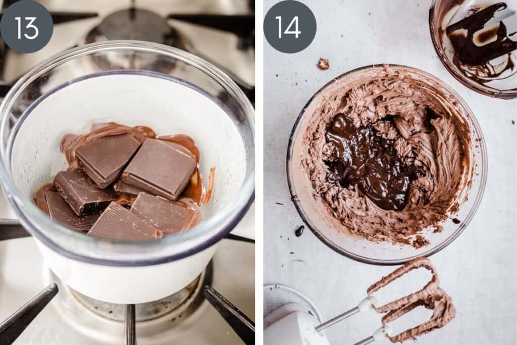 process images showing chocolate melting in a pan and then chocolate added to bowl of ganache