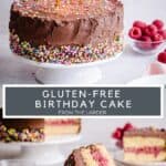 GLUTEN FREE BIRTHDAY CAKE PIN showing two images of cake fully decorate and then cake on a plate with title in between