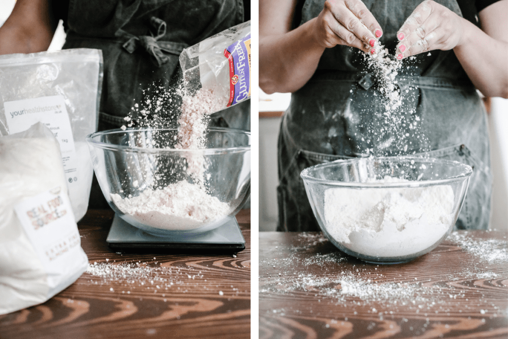 images showing flours being weighed and tossed in a bowl.