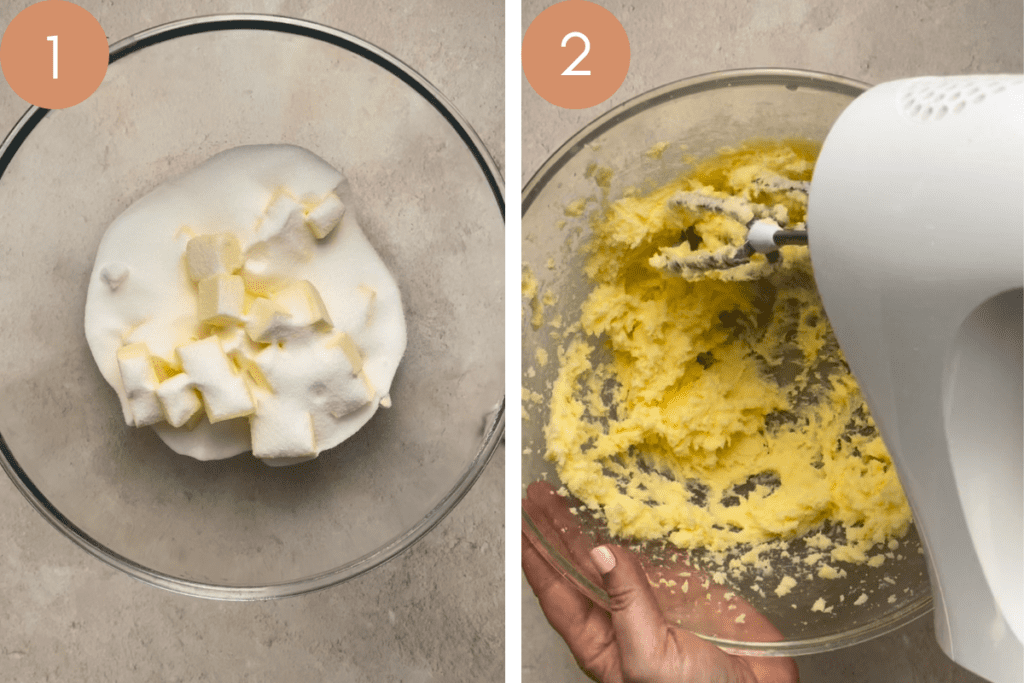 process images showing butter and sugar in bowl and then being mixed with hand mixer